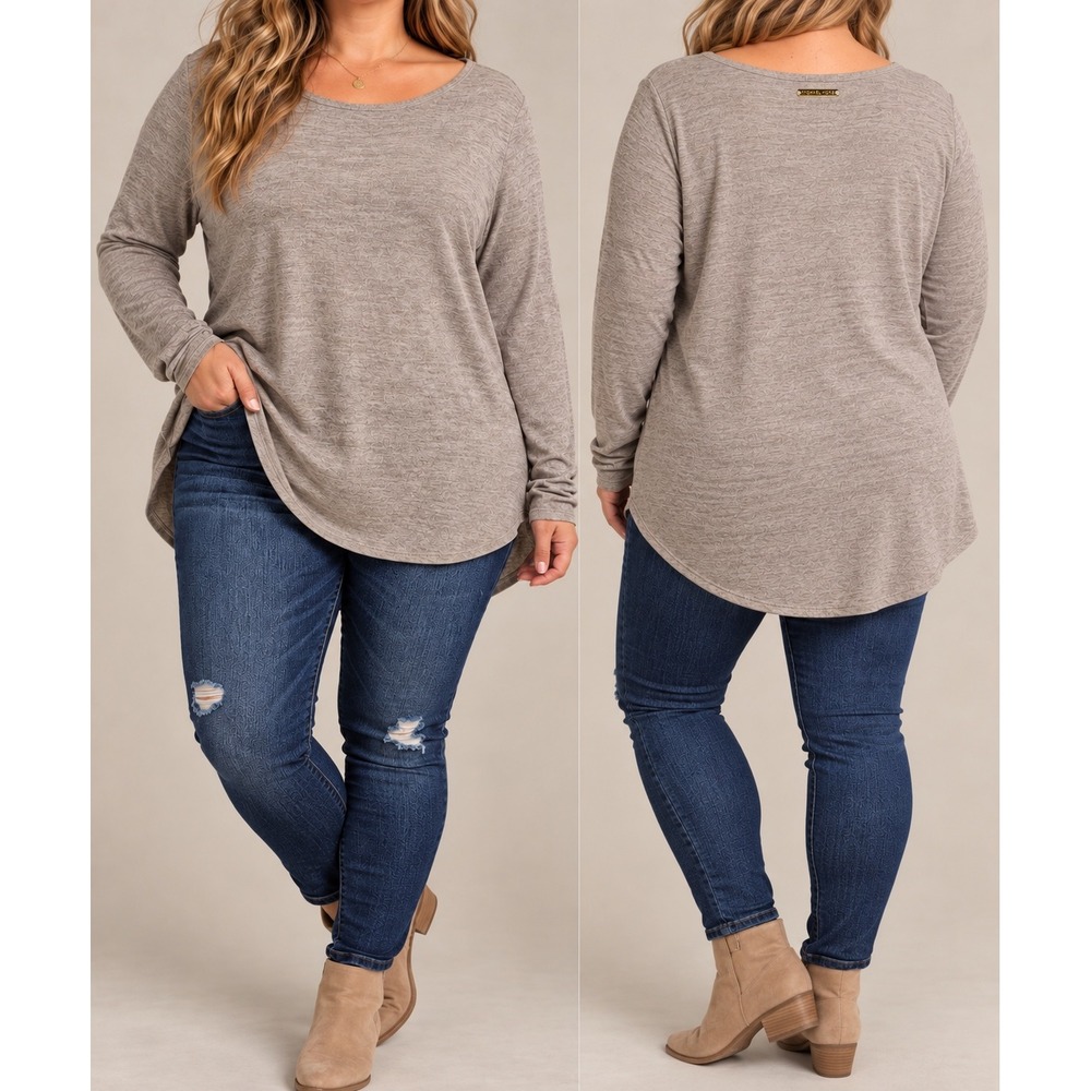 Michael Kors Women XL Heathered Tan Long Sleeve High Low Tunic Top Minimalist